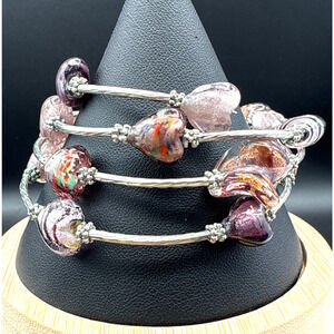 Art Glass Bracelet Wire Wrap Purple Heart Glass Bead Silver Tone Boho Bangle